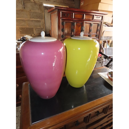 1277 - Pair of Colourful Ceramic Lidded Urns 20 Inches Tall