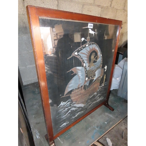 1278 - Large Silkwork Fire Screen Depicting a Galion Sail 31 Inches x 38 Inches