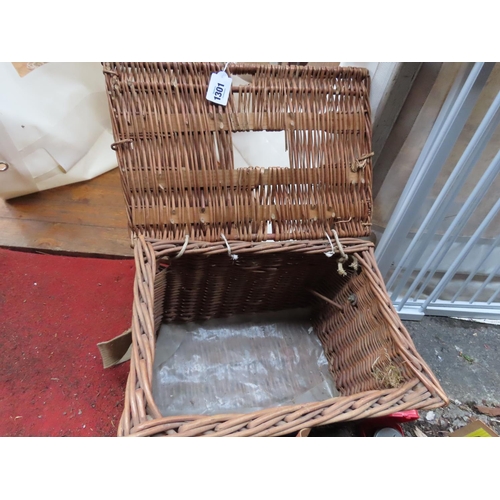 1301 - Wicker Basket Containing a Quantity of Fishing Items To Include Fishing Bag, Reels, Hooks etc. As Ph... 