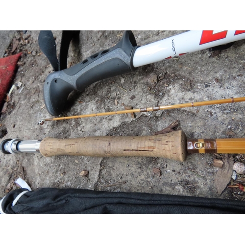 1303 - DEM Quicksilver 9ft Fly Fishing Rod Together with Vintage Edgar Sealey Cane Rod and a Pair of Leki H... 