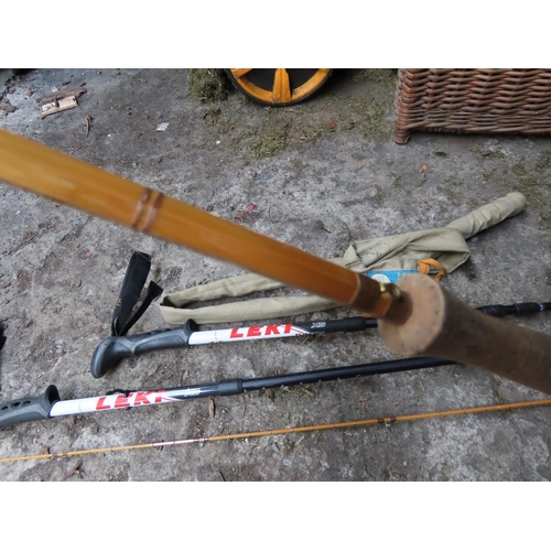 1303 - DEM Quicksilver 9ft Fly Fishing Rod Together with Vintage Edgar Sealey Cane Rod and a Pair of Leki H... 