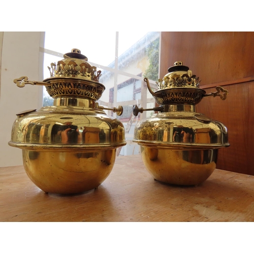 1311 - Pair of Polished Brass Antique Oil Lamps Each Approximately 10 Inches Tall