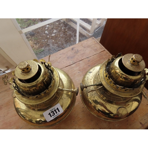 1311 - Pair of Polished Brass Antique Oil Lamps Each Approximately 10 Inches Tall