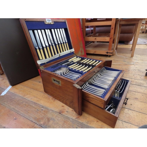 1324 - Antique Oak Cased Canteen of Silver Plate Cutlery Largely Complete