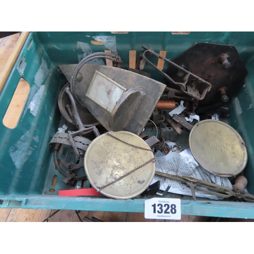 1328 - Crate Containing an assortment of Vintage and Antique Traps, Copper Kettle, Bird Ornaments etc.