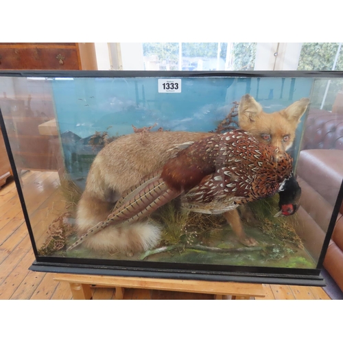 1333 - Cased Taxidermy Dirama of Fox and Pheasant 31 Inches x 20 Inches