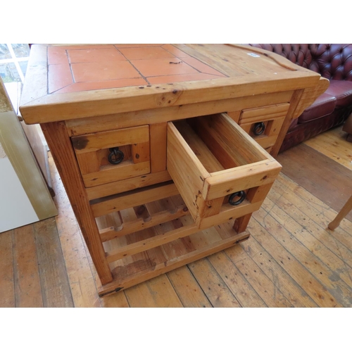 1334 - Tiled Pine Kitchen Unit with Integral Wine Rack and Drawer on Casters 32 Inches Wide x 20 Inches Dee... 