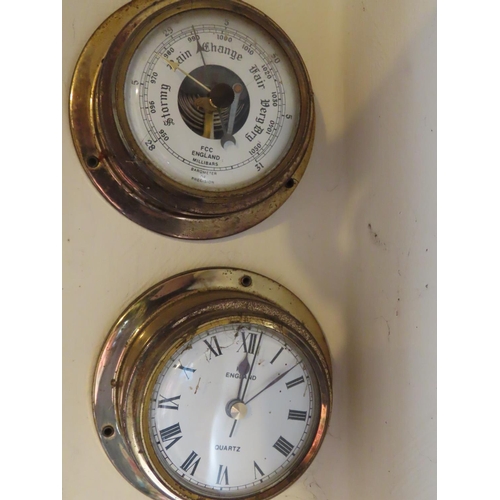 1367 - Polished Brass Wall Clock and Matching Barometer Each 4 Inch Diameter