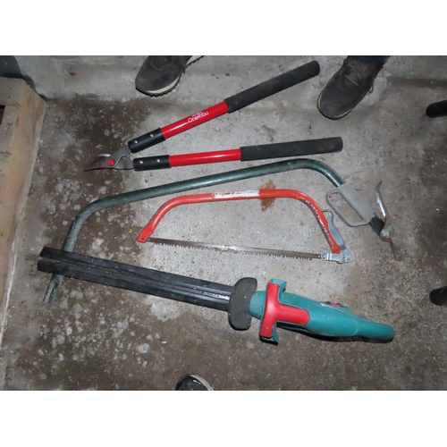 1443 - Bosch Electric Hedge Strimmers Together with Band Saw and Three Loppers As Photographed