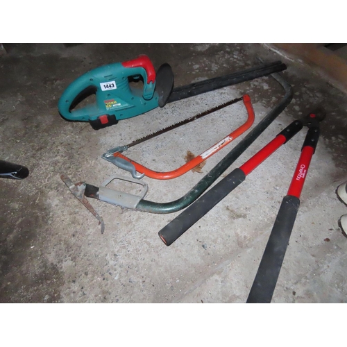 1443 - Bosch Electric Hedge Strimmers Together with Band Saw and Three Loppers As Photographed