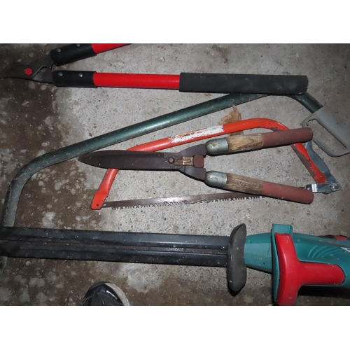 1443 - Bosch Electric Hedge Strimmers Together with Band Saw and Three Loppers As Photographed