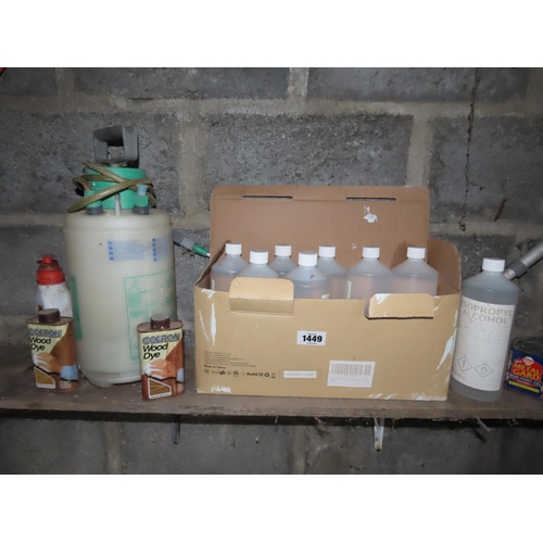 1449 - Contents of Shelf Section to Include Several Bottles of Isopropyl Alcohol, Wood Die, Sprayer Pack et... 