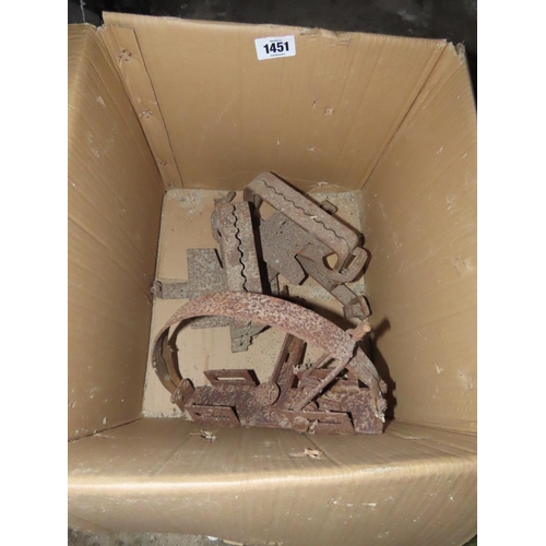 1451 - Box Containing Three Large Antique Traps Including One Man Or Bear Trap