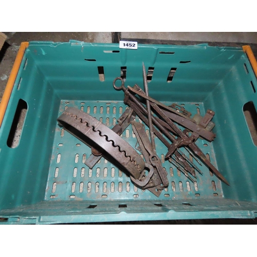 1452 - Box Containing an assortment of Vintage Metal Traps Including One Large Animal or Man Trap