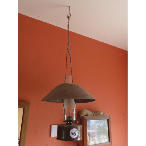 1483 - Antique Ceiling Hanging Oil or Kerosene Lamp with Original Flue Approximately 24 Inches