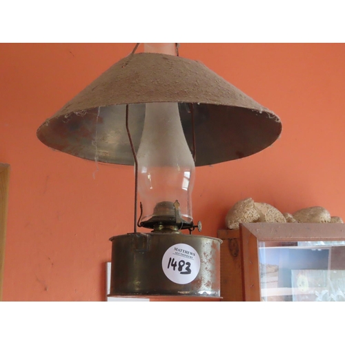 1483 - Antique Ceiling Hanging Oil or Kerosene Lamp with Original Flue Approximately 24 Inches