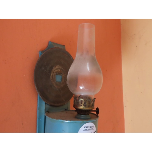 1485 - Antique Wall Mounted Oil or Kerosene Lamp Approximately 12 Inches Tall