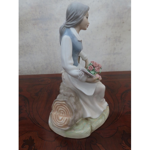 183 - Continentl Porcelain Figure Rose Seller 9 Inches Tall Signed to Base