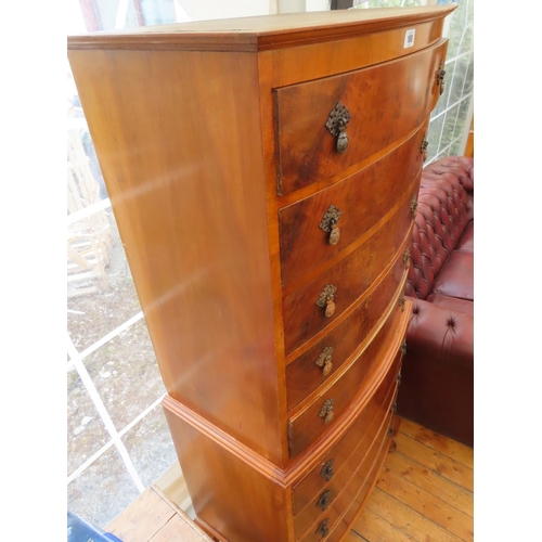 188 - Antique Tallboy Chest Walnut on Turned Supports Bowfront Form 66 Inches Tall with Five Drawers over ... 