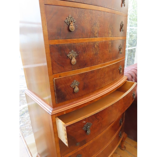 188 - Antique Tallboy Chest Walnut on Turned Supports Bowfront Form 66 Inches Tall with Five Drawers over ... 