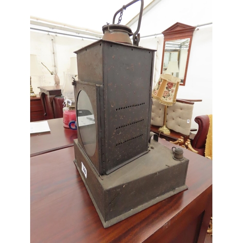 200 - Large Antique Metal Framed Paraffin Lamp for Signalling with Clear Glass to Front and Red to Rear 18... 