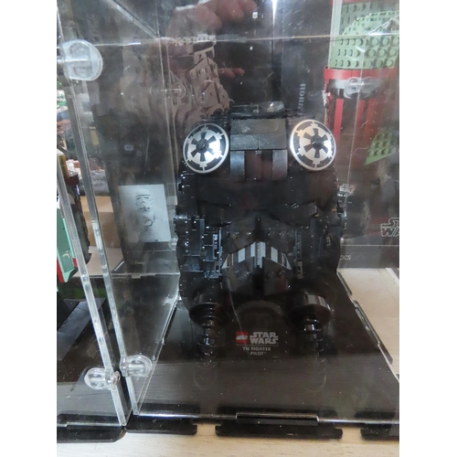 245 - Lego Star Wars Boba Fett, Stormtrooper and Tie Fighter Pilot Figures in Custom Perspex Display Cases... 