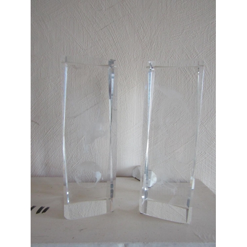 250 - Pair of Interesting Crystal Pillars with Internal etched Glass Decoration Attractive Form Each Appro... 