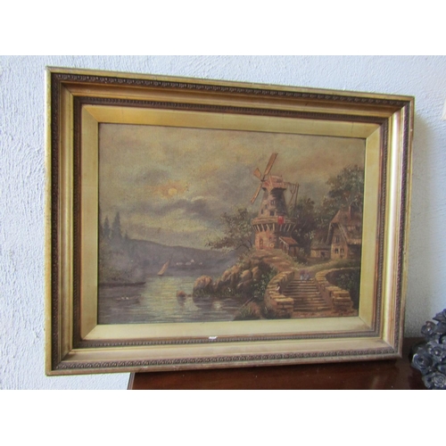 268 - Victorian School River Scene with Windmill Beyond Oil on Canvas Approximately 16 Inches High x 22 In... 