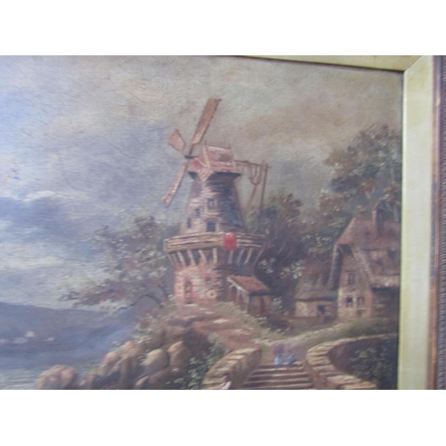 268 - Victorian School River Scene with Windmill Beyond Oil on Canvas Approximately 16 Inches High x 22 In... 