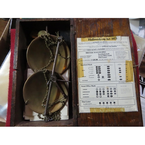 341 - Set of Antique Balance Scales Contained in Original Fitted Box with Quantity of Coin Weights 9 Inche... 