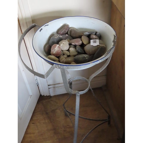 363 - Unusual Metal Framed Wash Stand Containing Antique Enamel Wash Bowl 32 Inches High