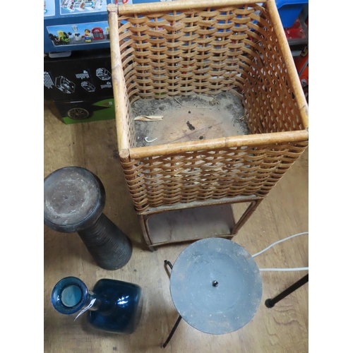 364 - Collection of Items Including Blue Glass Vase, Two Candle Holders and Wicker Plant Stand Approximate... 