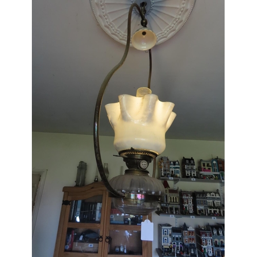 385 - Antique Oil Lamp with Copper Mounting Frame now Electrified 33 Inches from Top to Base