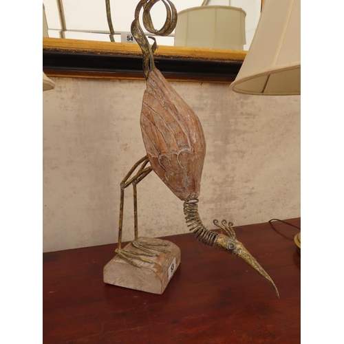 53 - Unusual Wood and Metal Bird Sculpture on Wooden Base Approximately 32 Inches Tall