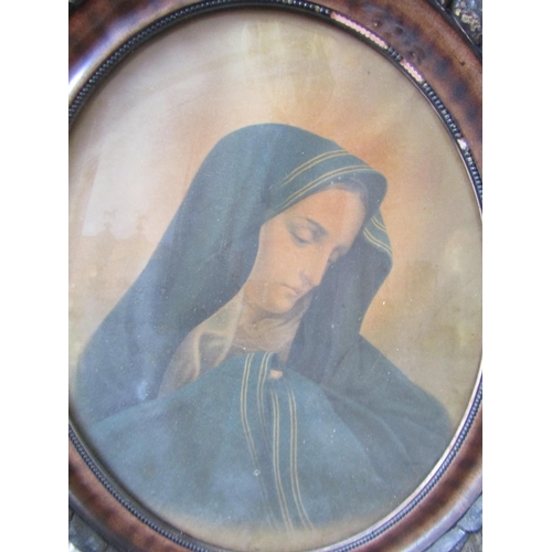 556 - Edwardian Walnut Framed Oval Form Religious Coloured Engraving Our Lady Approximately 24 Inches High