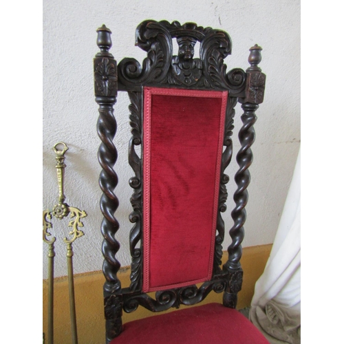 557 - Victorian Jacobean Carved Side Chair Red Velvet Upholstery