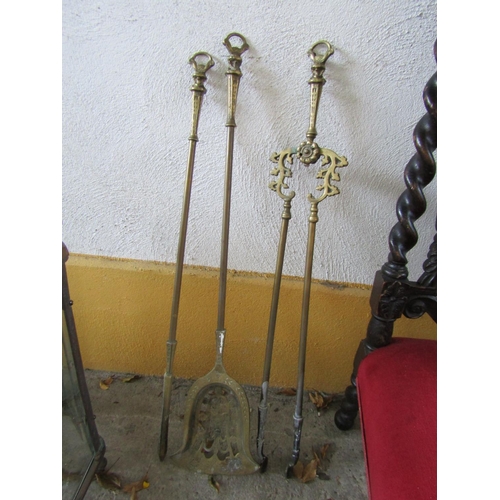 558 - Set of Three Antique Heavy Cast Brass Fire Irons Attractively Detailed Good Size