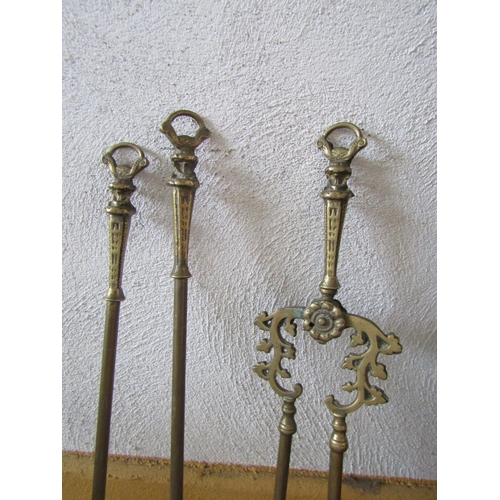 558 - Set of Three Antique Heavy Cast Brass Fire Irons Attractively Detailed Good Size