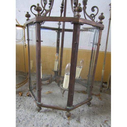 559 - Large Hexagonal Brass Framed Ceiling Lantern Approximately 28 Inches High Complete with Inset Glass ... 