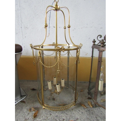 560 - Circular Form Cast Brass Ceiling Lantern Electrified Working Order with Original Fittings and Inset ... 