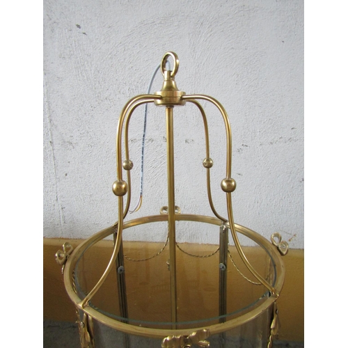 560 - Circular Form Cast Brass Ceiling Lantern Electrified Working Order with Original Fittings and Inset ... 