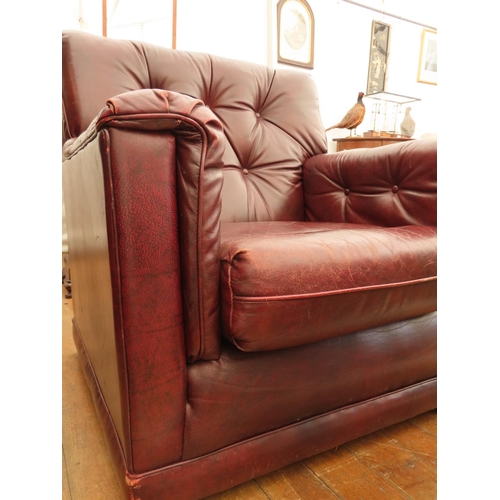 67 - Vintage Burgundy Leather Button Back Arm Chair 33 Inches Wide x 37 Inches High