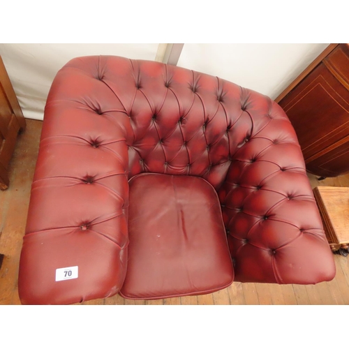 70 - Burgundy Chesterfield Club Chair Approximately 40 Inches Wide x 27 Inches Tall