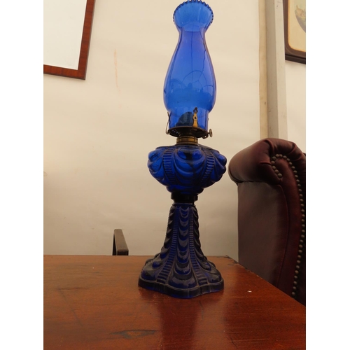 86 - Antique Blue Glass Oil Lamp Approximately 17 Inches Tall