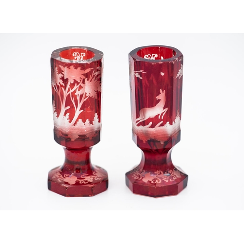 860 - Pair of Bohemian Ruby Cut Crystal Goblets on Faceted Pedestal Bases Each Approximately 4 Inches High