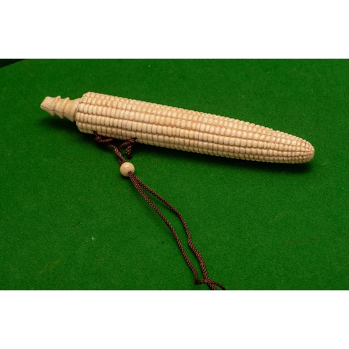 880 - Carved Bone Corn on the Cob Motif Box with Toggle Approximately 7 Inches Long