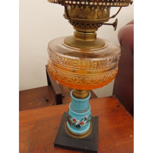 90 - Antique Oil Lamp with Clear Glass Reservoir and Painted Porcelain Colin Approximately 22 Inches Tall