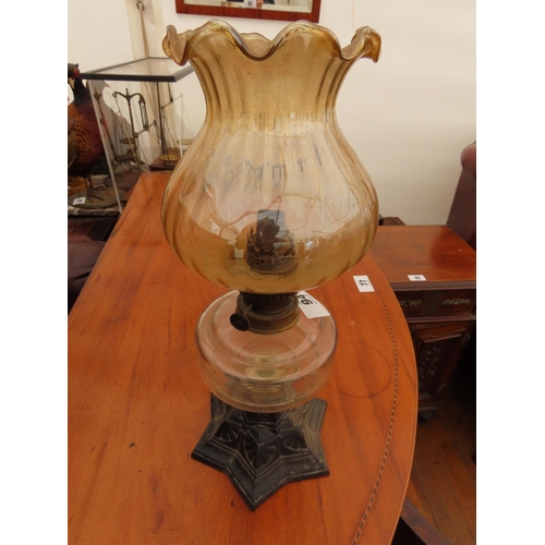 94 - Victorian Oil Lamp with Unusual Cast Iron Base Approximately 15 Inches Tall