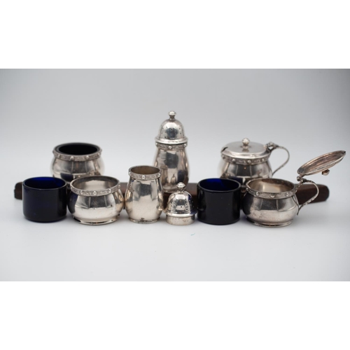 961 - Six Piece Silver Cruet Set Attractively Detailed with Bristol Blue Liners