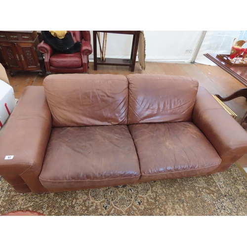 97 - Good Quality Tan Leather Three Seater Couch 82 Inches Wide x 30 Inches Tall